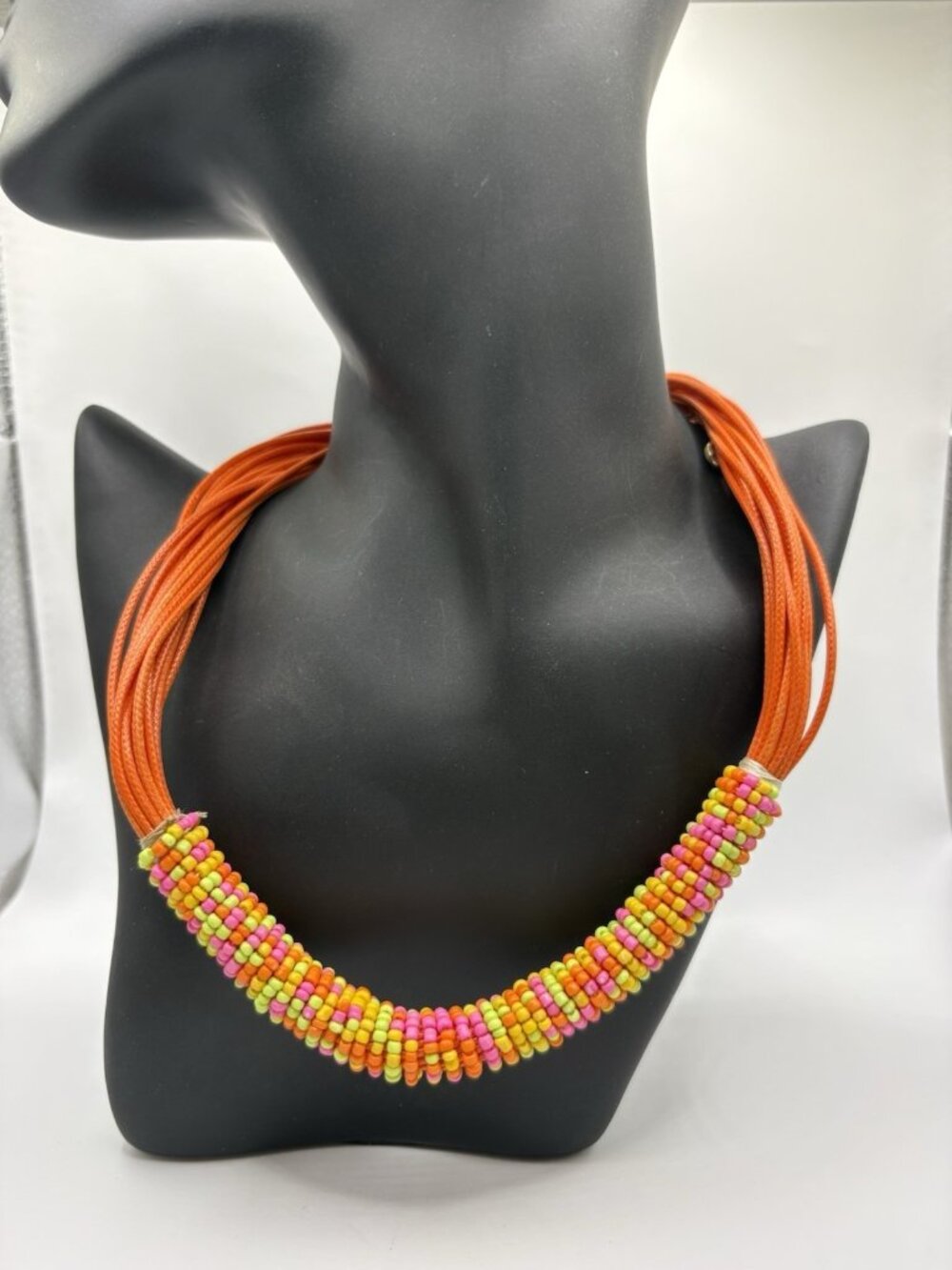 C1946 Multicolor Neon Seed Bead Collar Necklace Orange Coral Tribal Boho